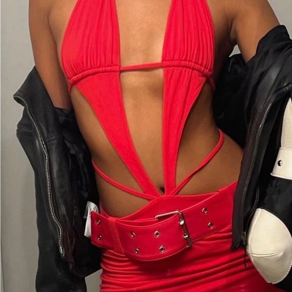 Red Halter Cut-Out Mini Dress - Picture 2 of 3